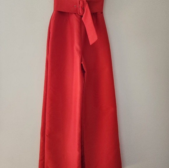 Asos Red Belted Strapless Jumpsuit. - Picture 2 of 14
